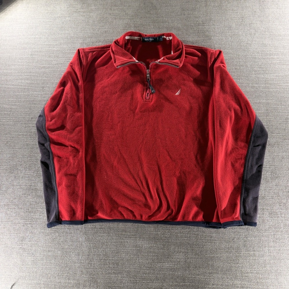 Nautica Fleece Pullover Mens Small Red‎ Quarter Zip Colorblock Excellent Logo